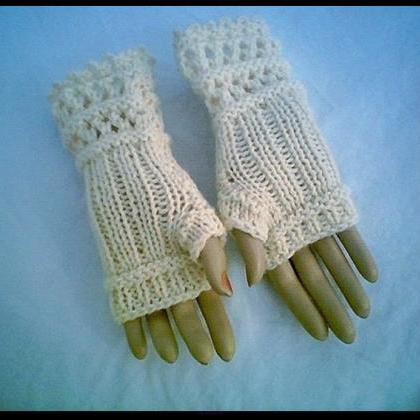 Winter White Open Lace Knit Fingerless Gloves 0014