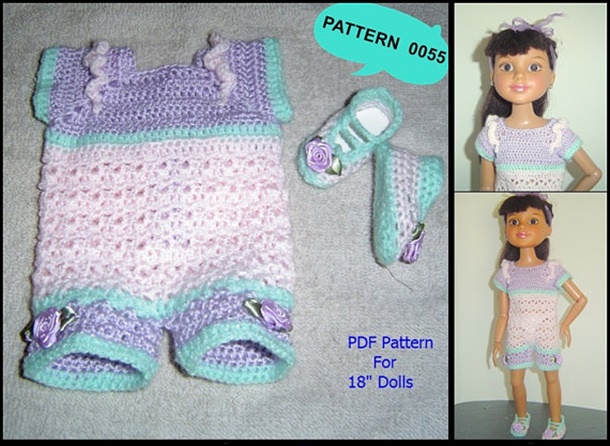 0055 Romper Set Crochet Pattern for Slim 18" BFC Ink, American Girl Dolls